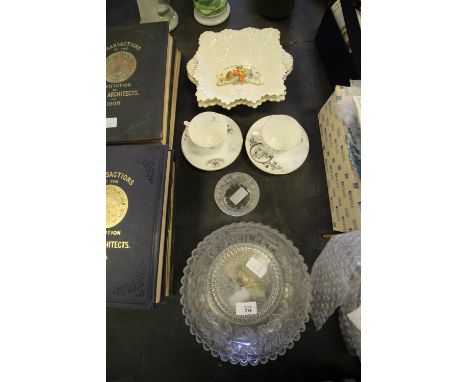 Queen Victoria Jubilee 1887 &amp; 1897, pair of matching cup &amp; saucers, pair matching bonbon dishes by Foley &amp; 2 glas