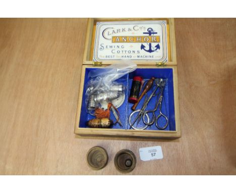 Clark &amp; Co Sewing Box containing needlework tools and 7 decorative silver plate thimbles