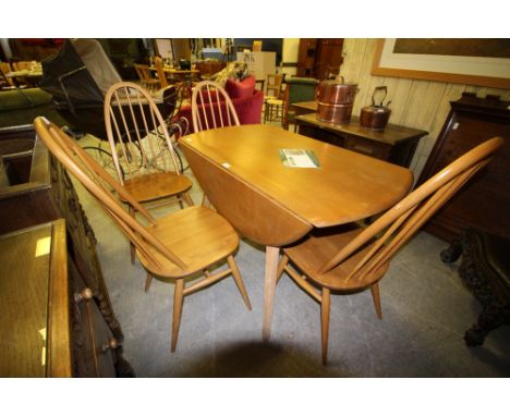 Ercol light elm drop leaf table and 4 hop stick back chairs