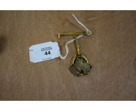 Vintage yellow metal 'Hunting' brooch set with Fox Terrier
