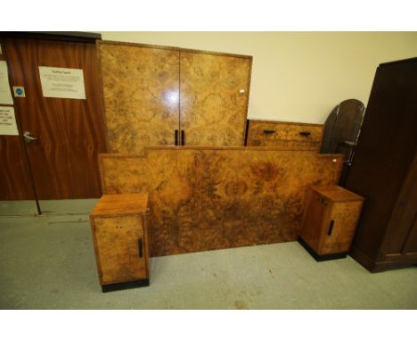 Art Deco burr walnut 5pc bedroom suite: double door fitted wardrobe, tallboy with fitted sides, triple mirror dressing table 