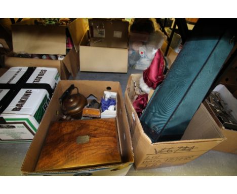 2 boxes of misc inc walnut writing slope and puppet