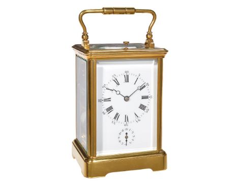A French gilt brass grande sonnerie striking carriage clock with push-button repeat and alarm, unsigned, late 19th century.Th