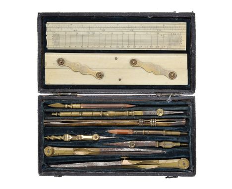 ϒA George III shagreen cased set of drawing instruments, unsigned, late 18th century The interior with dark blue velvet flap 