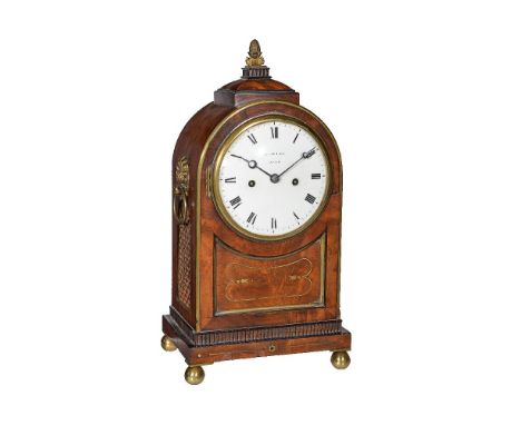 A small Regency brass inlaid bracket clock with fired enamel dial, Benjamin Lautier, Bath, circa 1825   The five pillar twin 