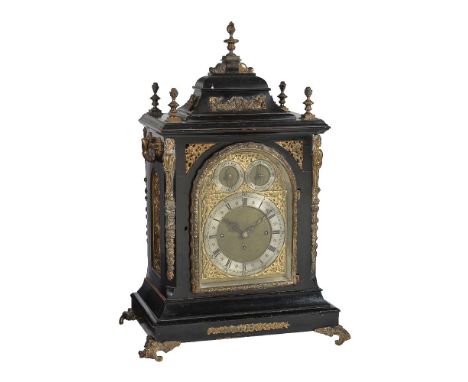 A large gilt brass mounted ebonised quarter chiming bracket clock, unsigned, late 19th century   The substantial four pillar 