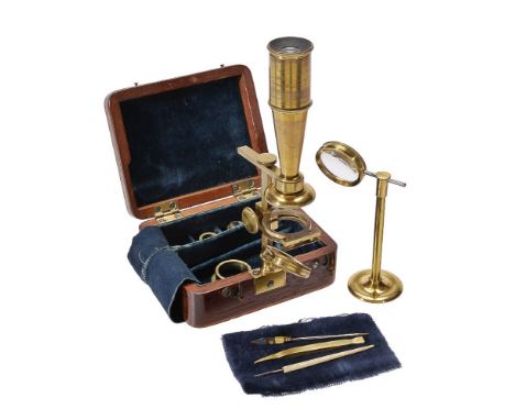 A Cary/Gould-type lacquered brass portable compound microscope, Cary, London, circa 1825.The part-tapered tube screw-fitting 