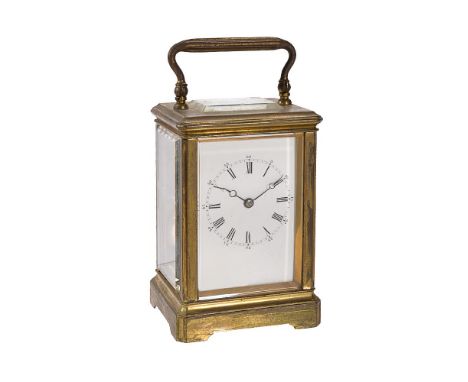 A French lacquered brass brass carriage clock, unsigned, late 19th century   The eight-day gong striking movement with silver