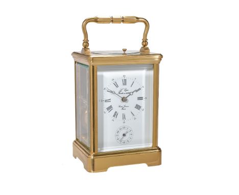 A French lacquered brass carriage clock with push-button repeat and alarm, L’Epee, Sainte-Suzanne, late 20th century   The ei