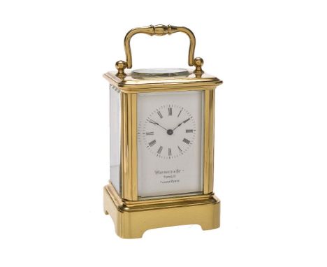 A French miniature lacquered brass carriage timepiece with unusual plush carrying case, retailed by Wedgwood and Sons, London