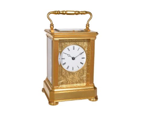 A French gilt brass carriage clock with push-button repeat, unsigned, circa 1900   The eight-day bell striking movement with 