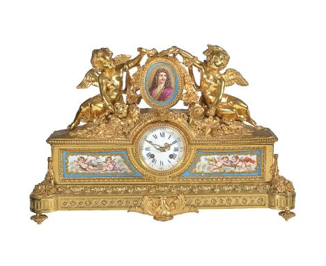 A French Napoleon III Sevres style porcelain inset ormolu figural mantel clock, the movement by Miroy Freres, Paris, third qu