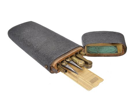 ϒA George III shagreen etui of drawing instruments, J. Bleuler, London, circa 1800 The tapered case with hinged lid enclosing