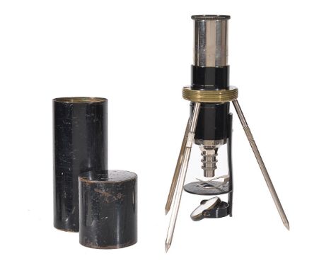 A German oxidised brass portable field microscope, attributed to Spindler and Hoyer, Gottingen, circa 1925.With chrome or rho