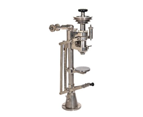 An English nickel-chromium plated steel watchmakers precision pillar drill, I.M.E., London, early to mid 20th century   With 