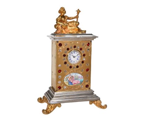 An unusual Swiss paste jewel and enamel inset gilt and electroplated miniature boudoir timepiece, unsigned, circa 1900 The ei