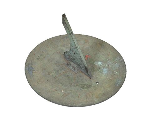 An English patinated brass garden sundial, W. and S. Jones, London, early 19th century   The 8 inch circular plate fitted wit