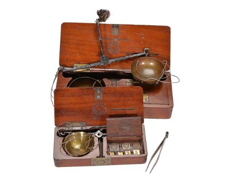 Two French mahogany cased sets of portable diamond scales, Geoffroy Langvin, Paris, mid 19th century   Each with sculpted ste