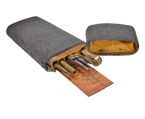 A George III shagreen etui of drawing instruments, unsigned, circa 1800   The tapered case with hinged lid enclosing fitted i