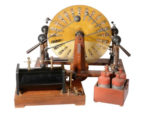 A mahogany brass and glass Wimshurst electrostatic generating machine, unsigned, early 20th century   The twin contra-rotatin