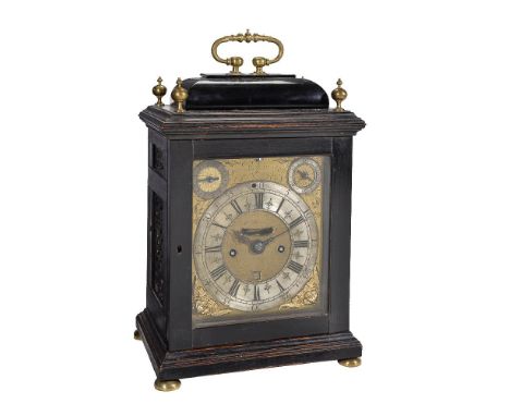 ϒA Queen Anne ebony table clock, George Etherington, London, circa 1710 The six finned pillar twin fusee bell striking moveme