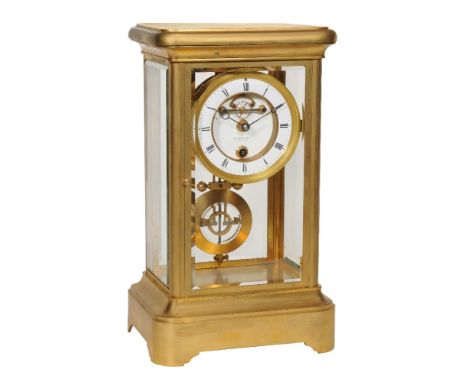 A rare French gilt brass large four-glass mantel timepiece of one year duration,   retailed by Mason &amp; Son, Canterbury, l