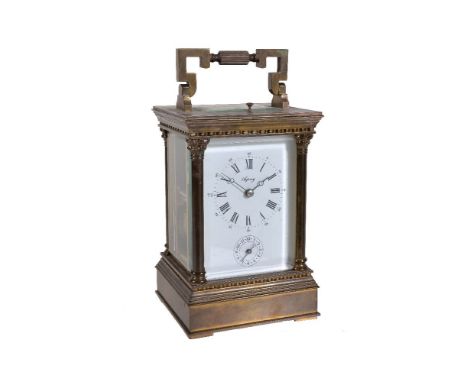 A French brass carriage clock with push-button repeat and alarm, retailed by Asprey, London, late 20th century   The eight-da