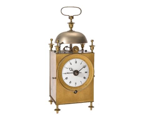 A French gilt and lacquered brass ‘Capuchine’ alarm timepiece, unsigned, circa 1830   The four pillar single train movement w