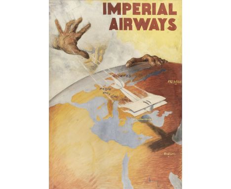 Imperial Airways. Original artwork for an Imperial Airways poster by Henri Dormoy 1925, watercolour showing a flight path fro