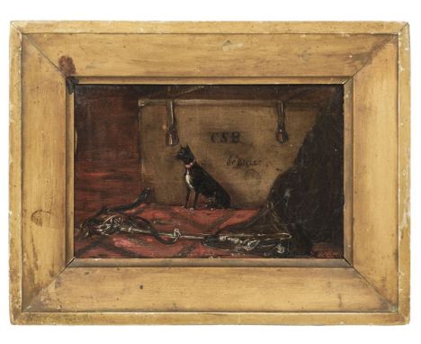 English School. 60th Rifles, oil on board, showing a dog by a trunk inscribed 'CSB 60th Rifles' with a sword in the foregroun