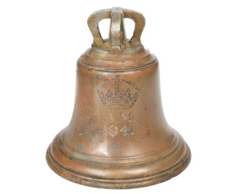 Scramble Bell. A WWII aerodrome bell dated 1941, engraved with a large crown motif and dated 1941, the crown stamped G with w