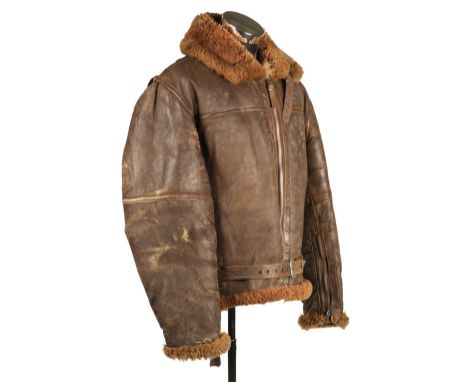 Flying Jacket. A WWII RAF Irvin brown leather flying jacket, fur lined, four-panel back, Lightning zips waistbelt, zips all w