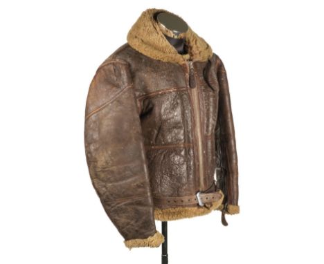 Flying Jacket. A WWII RAF Irvin brown leather flying jacket (size 4), sheepskin lined with War Department tailors label faint
