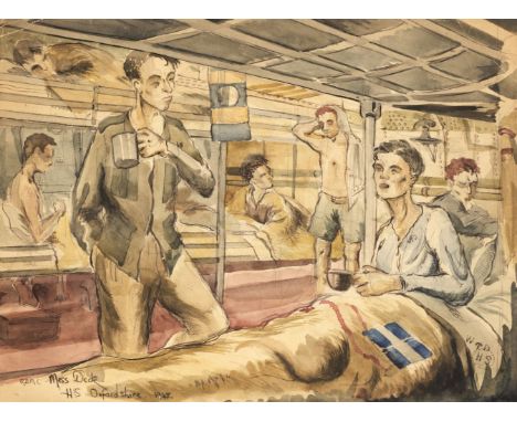 Army Hospital Ship. HM Hospital Ship Oxfordshire, Palestine 1948, watercolour on paper showing soldiers recovering whilst ret
