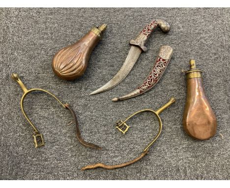 Powder Flasks. A Victorian Sykes Patent powder flask, copper and brass bag shape form, 19cm long, together with another simil