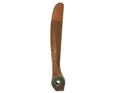 Propeller. A WWI Sopwith Scout propeller blade, laminated mahogany with sheathed tip, the green painted boss stamped DG 2360,