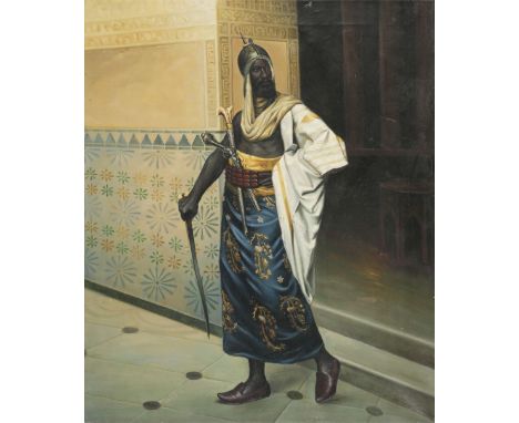 Ottoman Empire. A Turkish warrior, mid to late 20th century, oil on canvas, showing a warrior in traditional dress, holding a