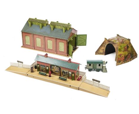 Model Rail. A collection of Hornby Series O Gauge model rail tinplate buildings etc, including Engine Shed No 2, Railway Stat