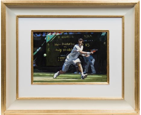 * SHERREE VALENTINE DAINES,ANDY MURRAY AT WIMBLEDON 2013oil on board, signed and signed verso22cm x 32cmFramed.Note: Understo