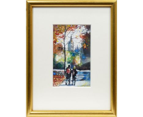 BRYAN EVANS,DAPPLED LIGHT IN GLASGOW UNIVERSITYwatercolour on paper, signed18.5cm x 11.5cmMounted, framed and under glass