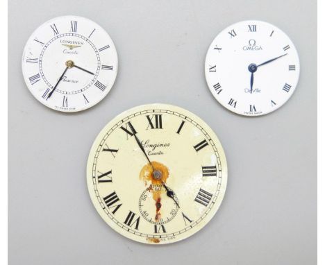 Three wristwatch movements including two Longines and one Omega 