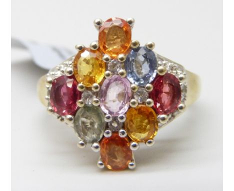 A TGGC silver gilt multi-colour sapphire ring with topaz, U