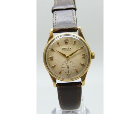 A 9ct gold cased Rolex Precision wristwatch with subsidiary dial, unoriginal crown, 32mm including crown