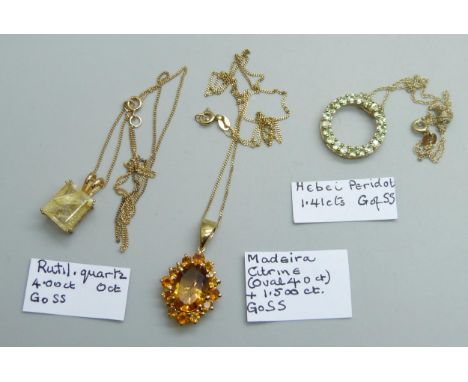 Three silver pendants and chains set with peridot, Madeira citrine and rutile quartz