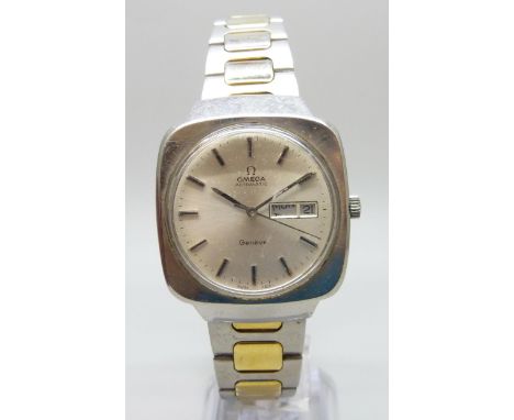 An Omega Automatic Geneve day/date wristwatch on a third party strap, 37mm including crown