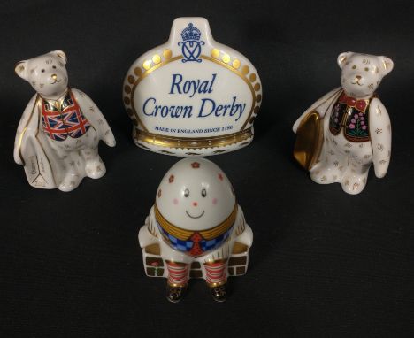 ROYAL CROWN DERBY - a gold button CROWN NAMESTAND, a TREASURES OF CHILDHOOD HUMPTY DUMPTY (8cm tall), a 9cm TEDDY from Mulber