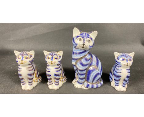 ROYAL CROWN DERBY - a gold button SILVER TABBY plus 2 silver button CATS (each 8cm tall), and one gold button cat (13cm tall)