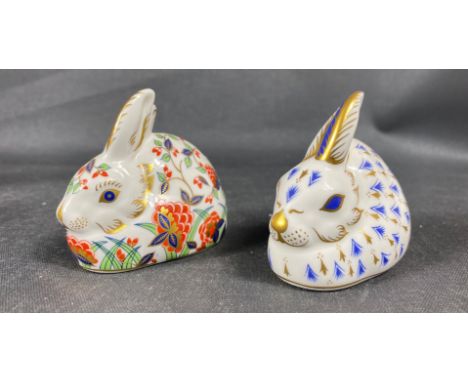 ROYAL CROWN DERBY - two gold button rabbits both approx 8cm long, one labelled MEADOW RABBIT - exclusive for The Royal Crown 