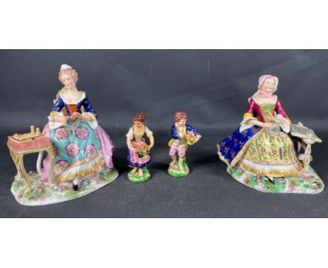 Two older ceramic figurines. Lady at tapestry is in good condition, the lady knitting has damage to fingers and to the table.