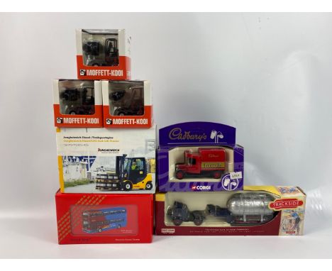 CORGI - a trio of Moffett-K001 M5 20.3 1:50 scale models of fork-lift trucks, all boxed in as new condition, plus a boxed Jun